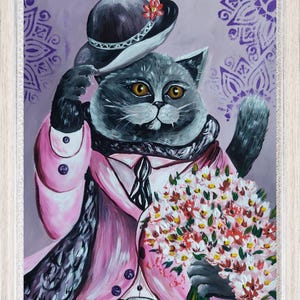 Peinture de chat unique 30/40 cm, image murale peinte à la main, design de chat élégant avec bouquet de fleurs et chapeau, décoration sur toile d'art animalier