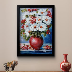 Bodegón floral pintado a mano 21×21,9 cm, pintura acrílica original, flores enmarcadas, blancas y rojas en jarrón, arte de pared, obra de arte única