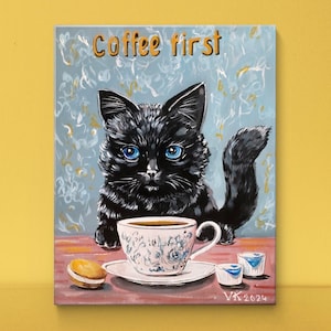 Peinture de chat drôle sur toile, chat noir avec café, premier art mural du café, cadeau d’amateur de café, image d’art de chat