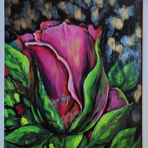 Magnifique tableau de fleurs peint à la main, 30/40 cm, rose abstraite unique sur dossier en bois, couleurs vibrantes, art original, encadré
