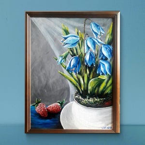 Peintures peintes à la main dans un cadre 30/40 cm, tableau acrylique avec fraises et fleurs bleues, décoration murale d'art printanier, tableau mural pour salon