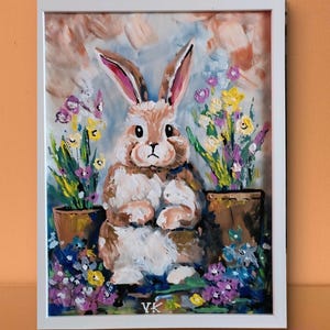 Pintura de coelho pintada à mão 30/40 cm, pintura acrílica emoldurada em quadro de pintura, lindo coelho de Páscoa, decoração colorida de primavera, ideia de presente