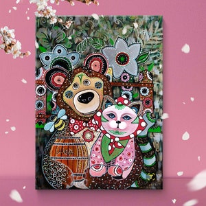 Handgemaltes Wand  Bild von Bär und Katze 50×70cm ,kinderfreundliche Wandkunst, süße Cartoon-Kunst, Geschenkidee für Kinderzimmer.