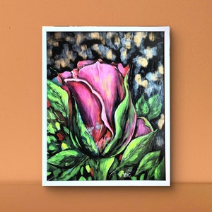 Pintura de flores lindas pintadas à mão 30/40 cm, Rosa abstrata única em pasta de madeira, Cores vivas, Arte original, Emoldurada