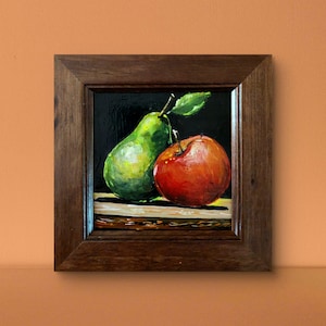 Bodegón pintado a mano con pera y manzana, pequeña pieza de arte de pared en marco de madera, pintura acrílica original, decoración perfecta para el comedor.