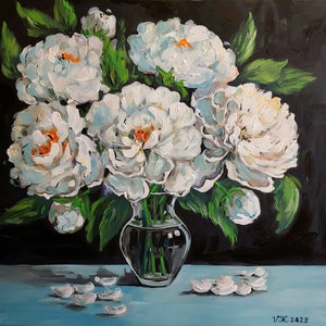 Peinture acrylique peinte à la main de pivoines blanches dans un vase, peinture de fleurs réaliste, art sur toile original pour la décoration du salon