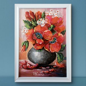 Pintura floral original pintada à mão em vermelho vibrante e laranja 21 × 21,9 cm, pintura de flores em acrílico, obras de arte modernas, decoração de parede de papoula