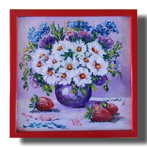 Pintura original de flores y fresas, 22/22 cm enmarcada, arte floral pintado a mano, obras de arte para sala de estar u oficina