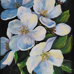 Pintura de flores com moldura de 40-50 cm, arte de parede pintada à mão com flores brancas, pintura acrílica com fundo preto – floral elegante