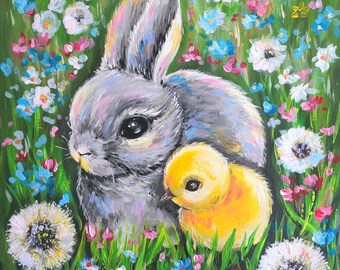 Niedliches Hase und Küken Gemälde 40/50 cm (16/20 in) auf Leinwand, handgemalt , Tierkunst ,Natur, Frühlings Dekor, einzigartiges Wandbild