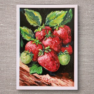 Dipinto originale di fragole, 21/29,7 cm, dipinto di frutta, dipinto di frutta originale, murale di fragole con ramen.Dipinto originale in acrilico fragole.