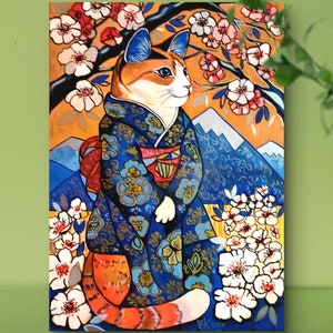Tableau coloré peint à la main 50×70 cm, chat en kimono avec fleurs de cerisier et paysage de montagne, œuvre originale pour décoration murale, art du Japon