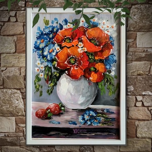 Pintura original de papoula vermelha, 21/29,7 cm, buquê pintado à mão em moldura, linda decoração de parede, presente para amantes de arte ou colecionador