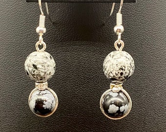 Snowflake Obsidian Vintage Porcelain Dangle Handmade Earrings Silver .75" Dangle
