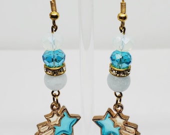Shooting Star Earrings Aquamarine and Gold Handmade March Birthstone Earrings