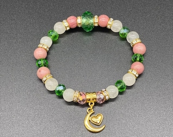 Rhodonite & White Jade w Green Pick Your Charm Bracelet