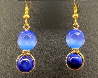 Blue Tiger's Eye & Cat's Eye Dangle Earrings: Handmade Gold Copper Wire