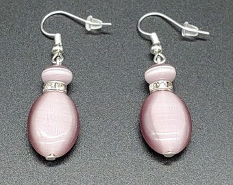 Purple Cats Eye w Silver Dangle Handmade Earrings 1.75" Dangle