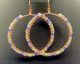 Wire Hoops Copper Wrapped Multi Czech Crystal Handmade Earring