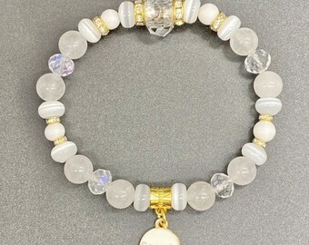 Zodiac Charm Handmade Bracelet White Jade, White Cats Eye and Gold