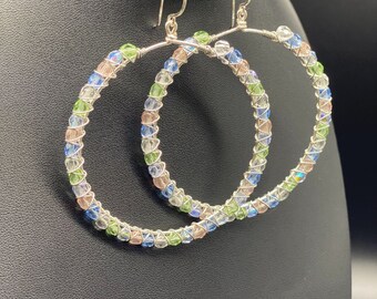 Hoop Earrings Handmade Silver Wire Wrapped Rainbow Czech Crystal