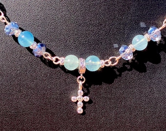 Silver Cross w Aquamarine 26" Handmade Necklace March Birthstone Necklace