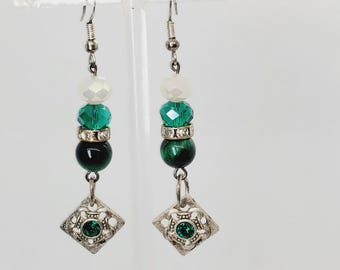 Green Crystal Charm w Green Tigers Eye Handmade Earrings