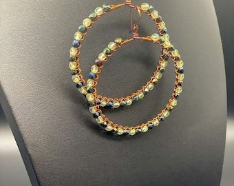 Hoop Earrings Handmade Antique Copper Wire Wrapped Czech Multi Green Crystal