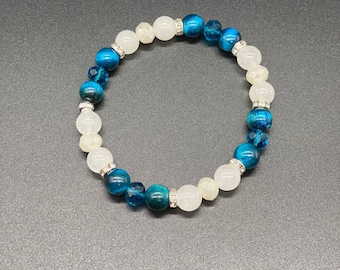 Teal Tigers Eye White Jade w Silver Handmade Bracelet