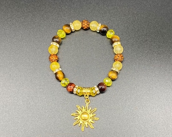 Sun Charm Bracelet: Tiger's Eye & Citrine Gemstone Stretch Bracelet