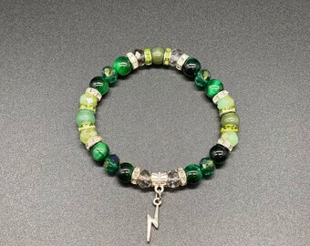Bolt Charm Jade Green Aventurine Green Tigers Eye Handmade Bracelet