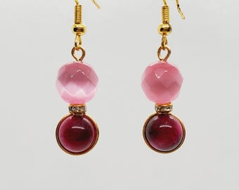 Pink Cats & Tiger's Eye Dangle Earrings: Handmade Gold Copper Wire