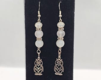 Owl Charms Moonstone & White Jade Earrings 3" Dangle