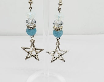 Star Charm Aquamarine with Silver Handmade Earrings March Birthstone Earrings
