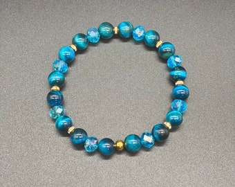 Teal Tigers Eye w Gold Handmade Bracelet