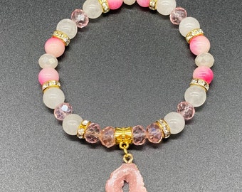 Peach and White Jade Bracelet  Pick Your Charm
