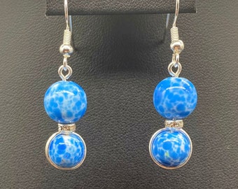 Flo Blue Japanese Vintage Porcelain Dangle Handmade Earrings Silver .75" Dangle