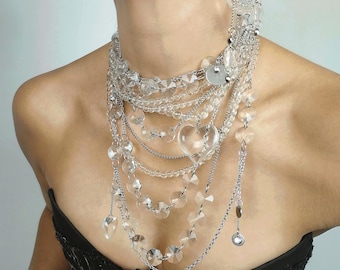 Layered Clear Quartz Necklace, Large Crystal Heart, Multi-Chain Stainless Steel, Bold Glam