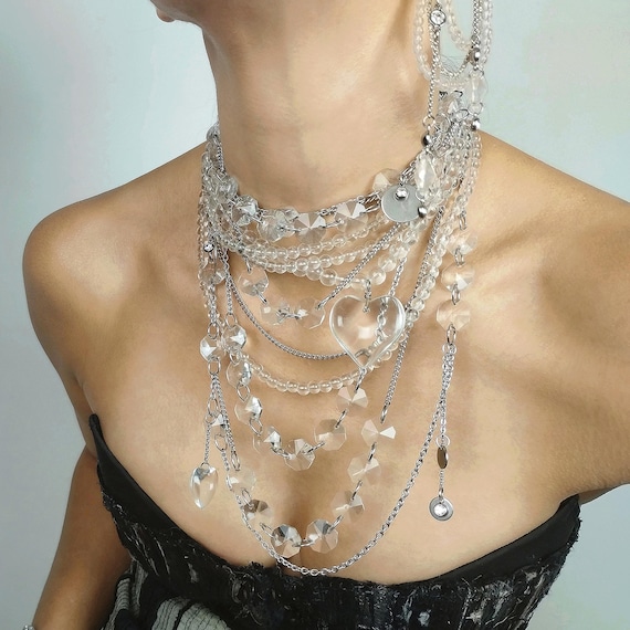 Layered Clear Quartz Necklace, Large Crystal Heart, Multi-Chain Stainless Steel, Bold Glam