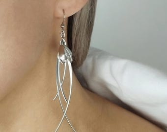 Long Silver Snowdrop Earrings | Silver Stainless Steel Floral Dangle Jewelry | Minimalist Botanical Gift
