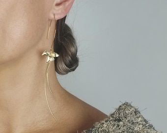 Gold Orchid Dangle Earrings, Long Floral Gold Plated Stainless Statement Jewelry
