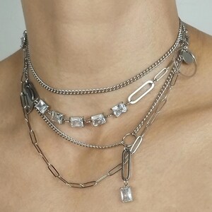 Asymmetric Crystal Pendant Necklace: Stainless Steel Multi-Chain Choker
