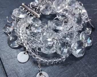 Multi-Strand Clear Quartz Bracelet, Stainless Steel Chains and Charms