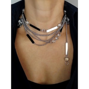 Layered Stainless Steel Bar Choker, Crystal Drop Pendant, Asymmetric Multi Chain, Modern Rock Glam
