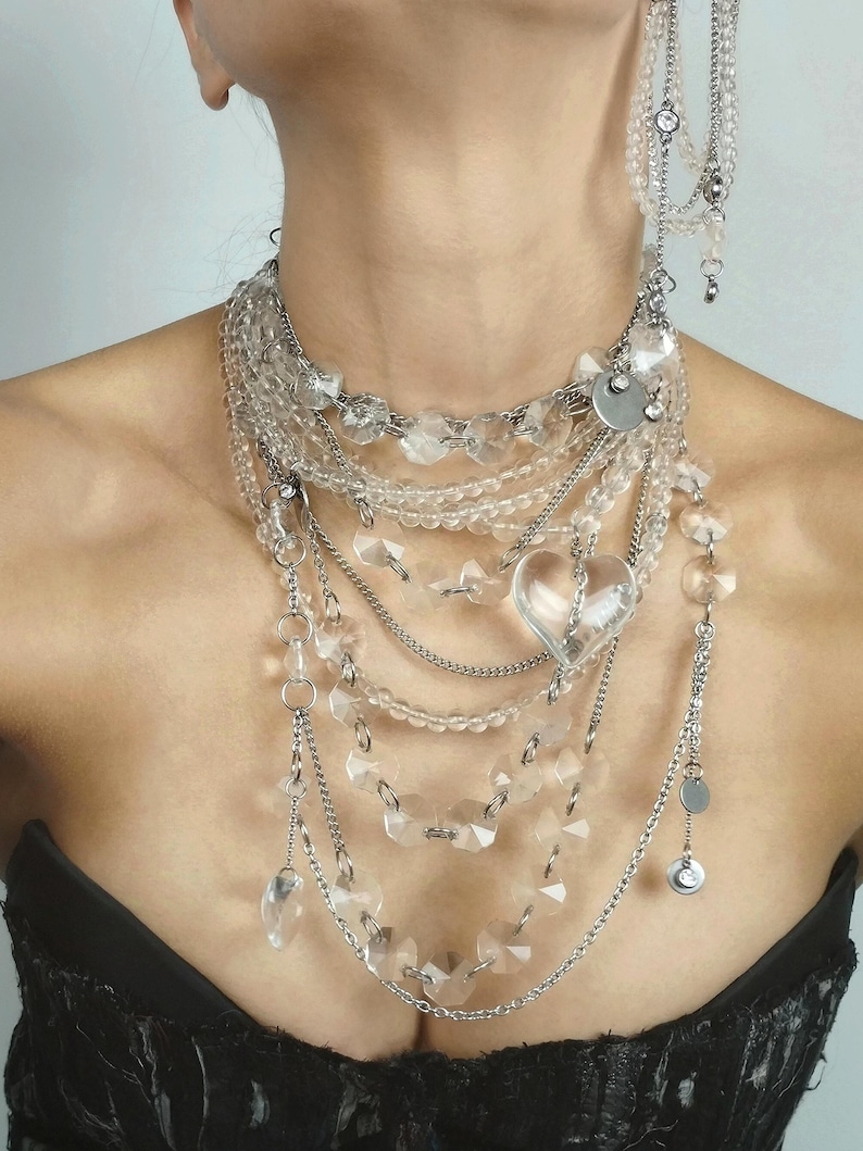 Clear quartz beads and crystal heart detail on multi-row stainless steel jewelry hardware.
​