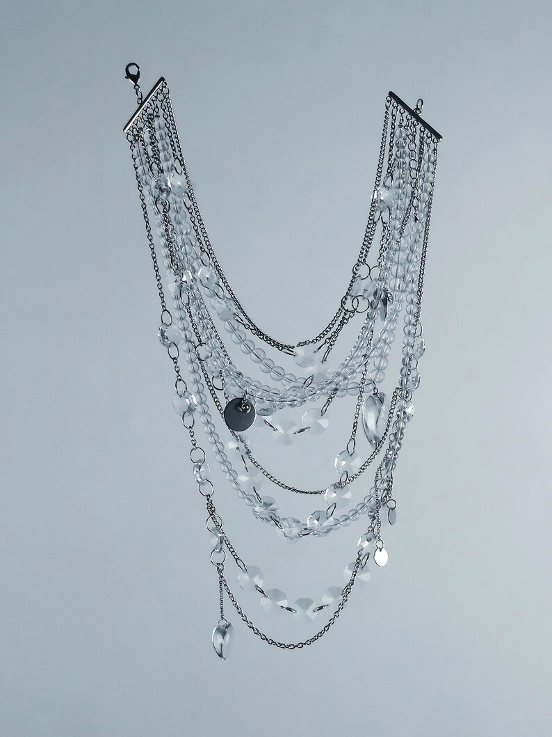 Layered Clear Quartz Necklace, Large Crystal Heart, Multi-Chain Stainless Steel, Bold Glam image 11