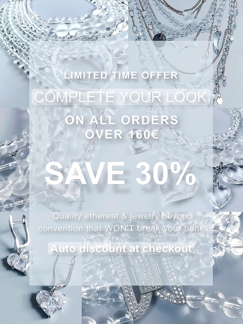 Graphic banner for Sanabel Decor Atelier Valentine's Day sale: French handmade crystal jewelry, 30% off orders over 160€.
