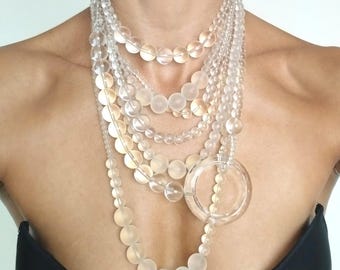 Chunky Long Quartz Necklace, Crystal Ring Pendant, Multi-Strand