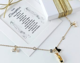 Gold-plated ballerina necklace, personalized initial charm and birthstone, jewelry gift for a ballerina
