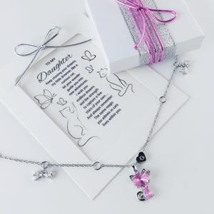 Personalized Initial Cat Necklace – Silver Pink, Clear Zircon Kitten Pendant, Jewelry Gift for Daughter